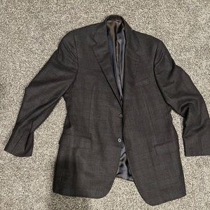 Hickey freeman 44r two button double vent brown with blue checkered pattern